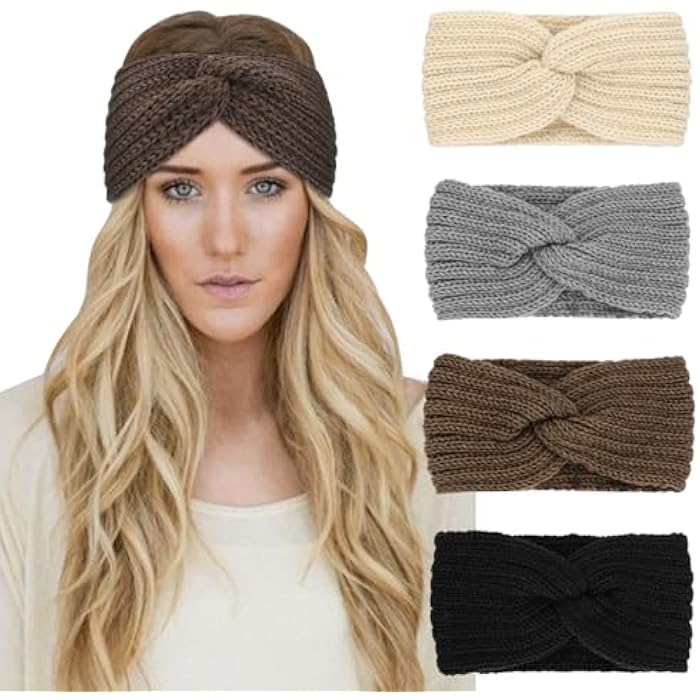 DRESHOW 4 Pack Womens Winter Ear Warmer Headband - Crochet Knit Turban Headband Chunky Cable Knit Headwrap - Image 1